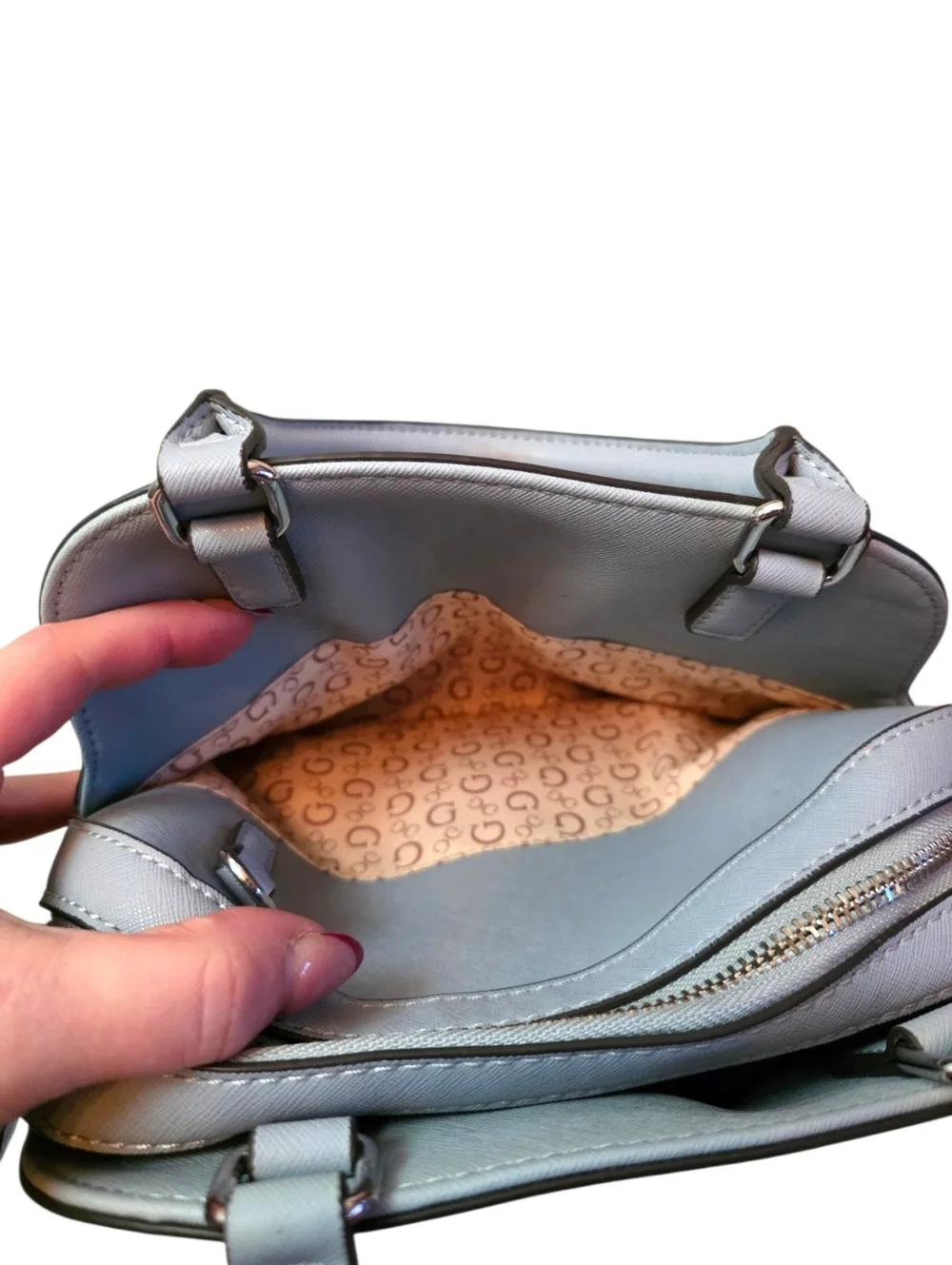 Guess Gray Dome Satchel Crossbody Bag Structured Top Handle Silver Logo